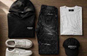 Flat-lay of streetwear pieces including heavyweight hoodie, monogram denim jeans, rhinestone tee, and sneakers on neutral wood background