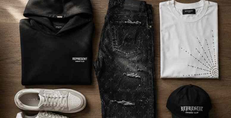Flat-lay of streetwear pieces including heavyweight hoodie, monogram denim jeans, rhinestone tee, and sneakers on neutral wood background